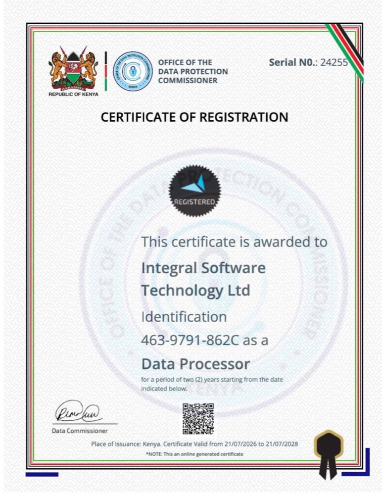 ODPC Certificate of Registration for Integral Software Technology Ltd — Serial 24255